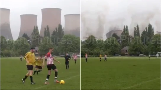 Brutal demolición de cuatro torres de una central eléctrica durante un partido de fútbol Brutal demolición de cuatro torres de una central eléctrica durante un partido de fútbol