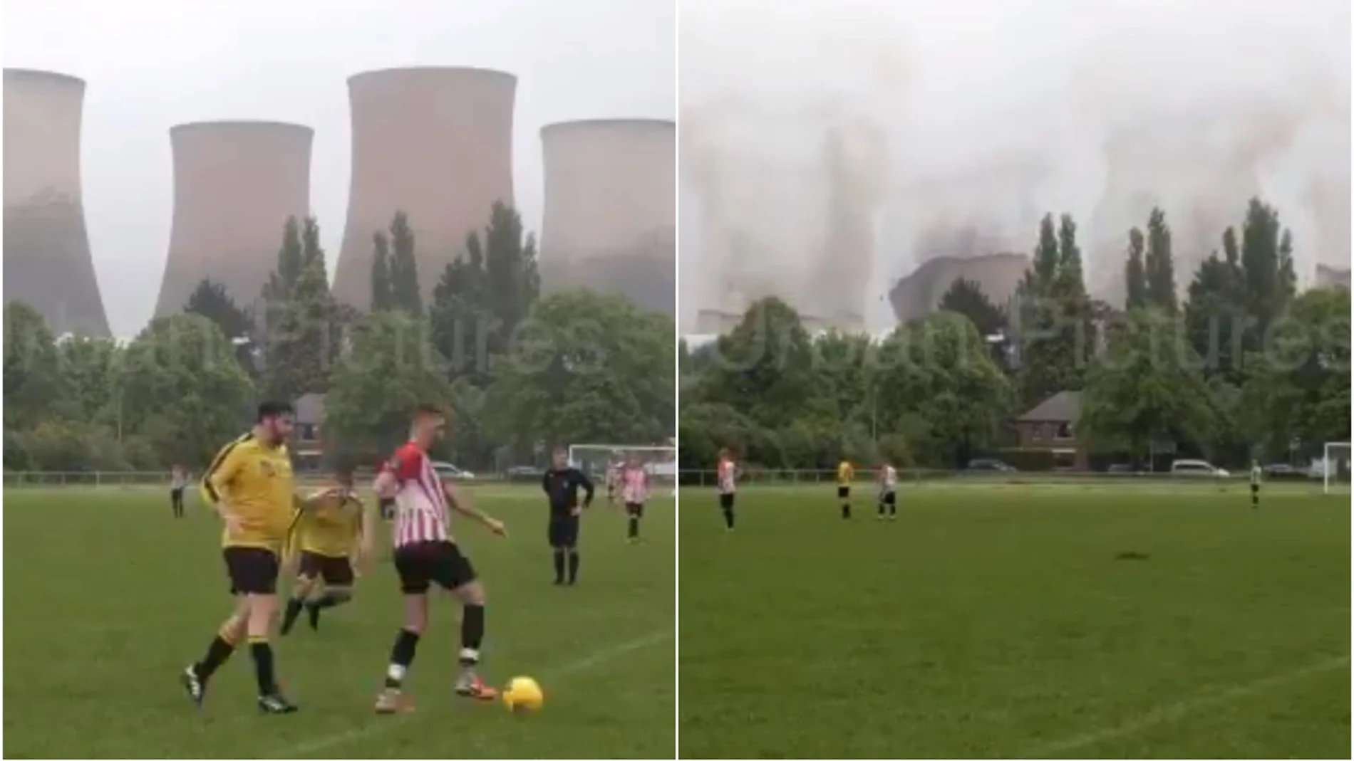 Brutal demolición de cuatro torres de una central eléctrica durante un partido de fútbol