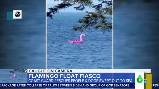 El surrealista rescate de un flamenco hinchable que se había llevado la corriente El surrealista rescate de un flamenco hinchable que se había llevado la corriente