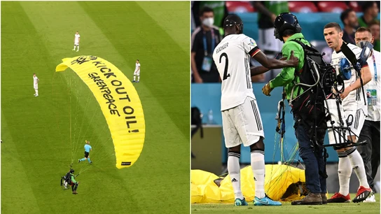 Paracaidista de 'Greenpeace' aterriza en el campo del Allianz Arena Paracaidista de 'Greenpeace' aterriza en el campo del Allianz Arena