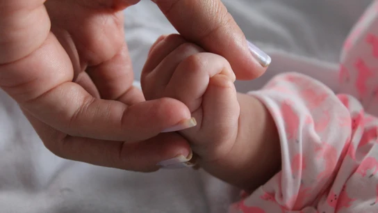 Imagen de archivo de una madre sujetando la mano de su bebé. Imagen de archivo de una madre sujetando la mano de su bebé.