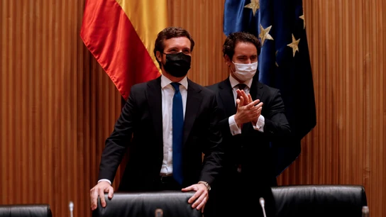 El líder del Partido Popular, Pablo Casado, acompañado por el diputado Teodoro García Egea, antes de presidir la reunión plenaria El líder del Partido Popular, Pablo Casado, acompañado por el diputado Teodoro García Egea, antes de presidir la reunión plenaria