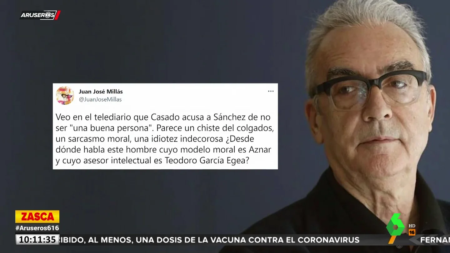 La réplica de Juan José Millás a Casado por acusar a Sánchez de no ser "buena persona": "Su modelo moral es Aznar" La réplica de Juan José Millás a Casado por acusar a Sánchez de no ser "buena persona": "Su modelo moral es Aznar"
