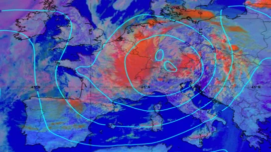 Imagen del Meteosat, de ayer a las 14 horas, donde se ve la dana en Alemania, marcada en rojo. Dana Alemania