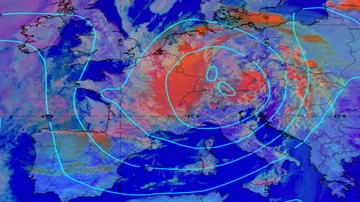 Imagen del Meteosat, de ayer a las 14 horas, donde se ve la dana en Alemania, marcada en rojo.