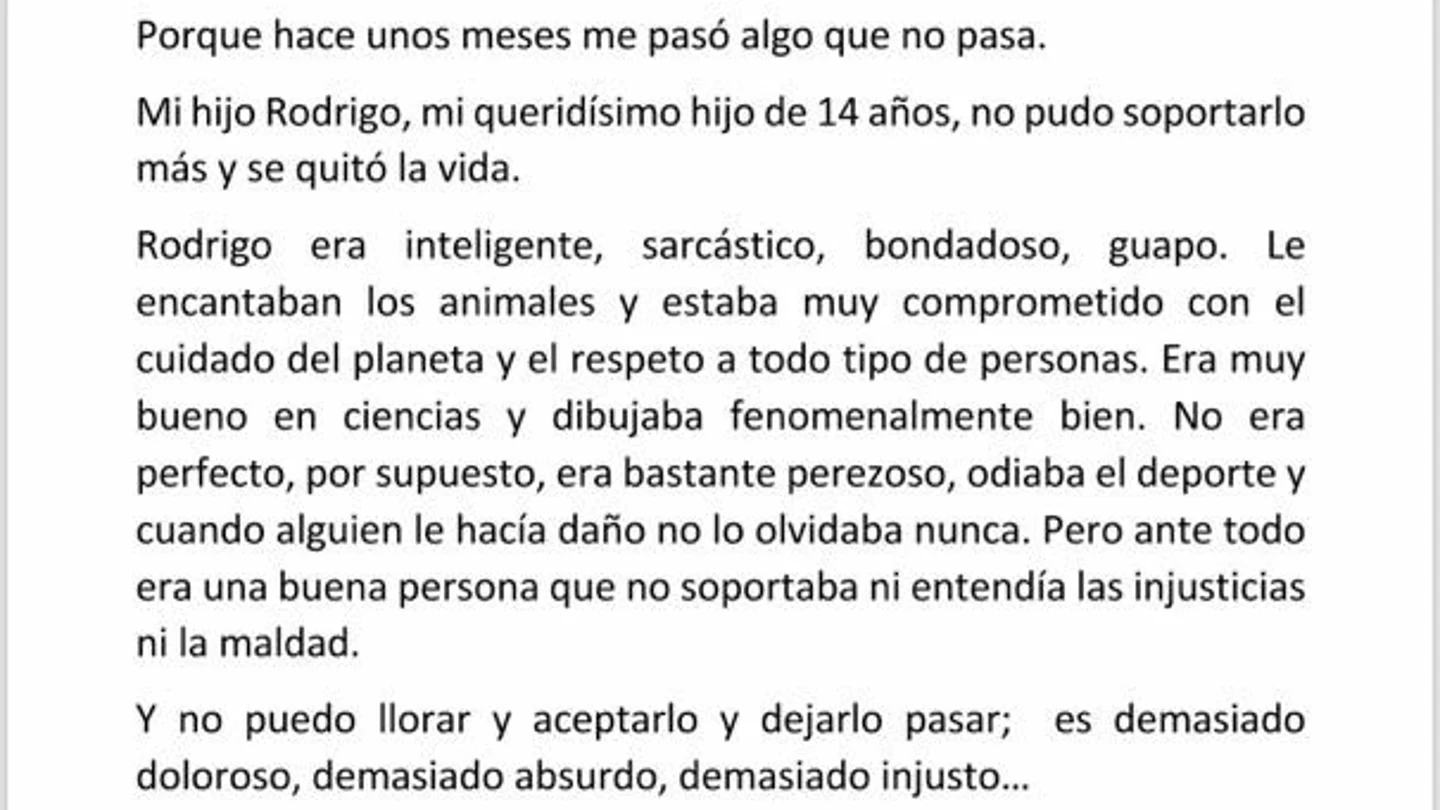 La dura carta de una madre tras el suicidio de su hijo de 15 años: "Hemos sido víctimas de la infravaloración de la salud mental" La dura carta de una madre tras el suicidio de su hijo de 15 años: "Hemos sido víctimas de la infravaloración de la salud mental"