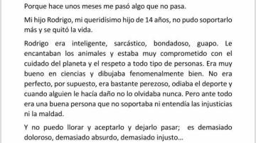 La dura carta de una madre tras el suicidio de su hijo de 15 años: "Hemos sido víctimas de la infravaloración de la salud mental"