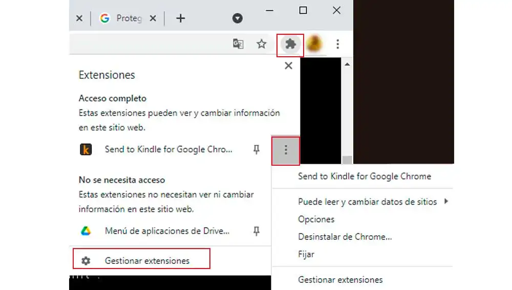 Menú extensiones en Google Chrome