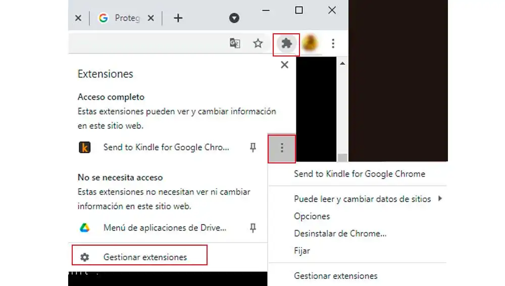 Menú extensiones en Google Chrome Menú extensiones en Google Chrome