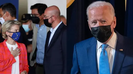 A la izquierda, los líderes europeos, Ursula von der Leyen y Charles Michel, y a la derecha, el presidente de Estados Unidos, Joe Biden. A la izquierda, los líderes europeos, Ursula von der Leyen y Charles Michel, y a la derecha, el presidente de Estados Unidos, Joe Biden.