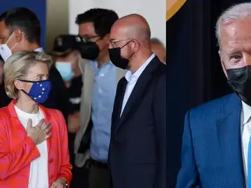 A la izquierda, los líderes europeos, Ursula von der Leyen y Charles Michel, y a la derecha, el presidente de Estados Unidos, Joe Biden.