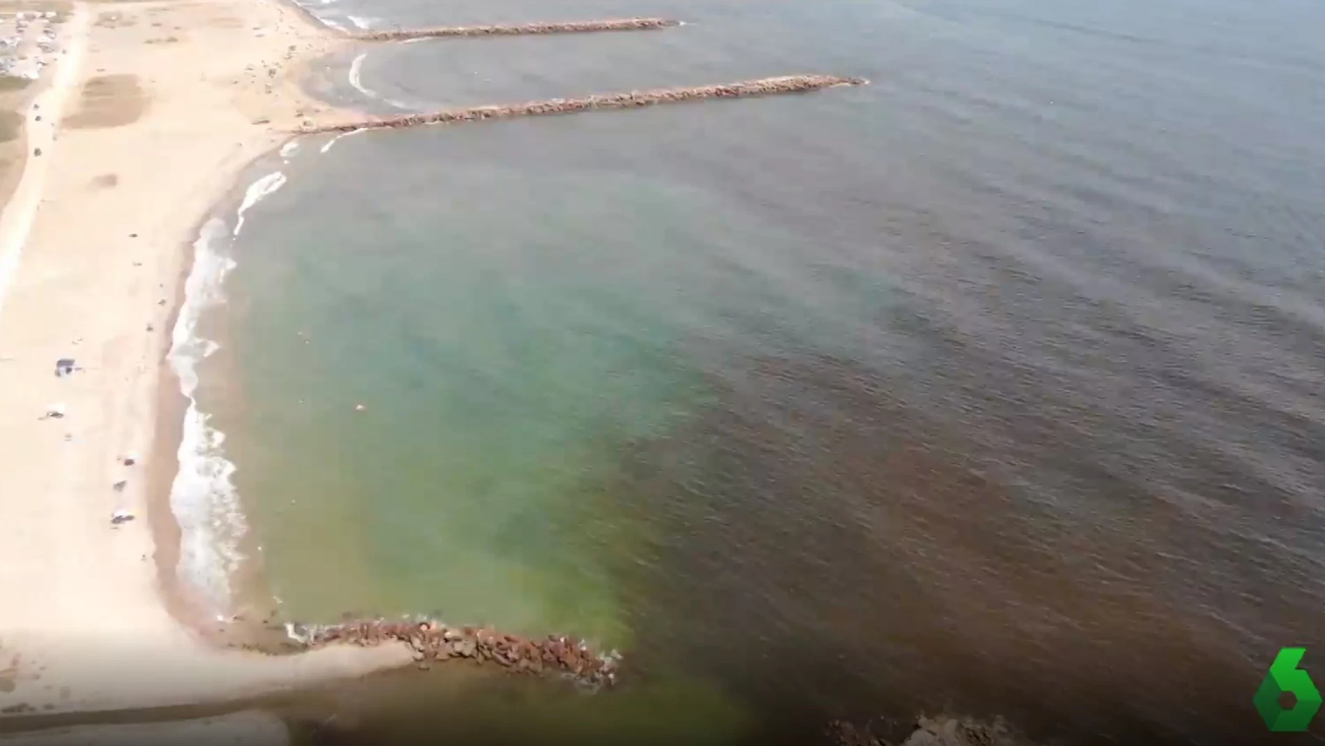 Imagen desde el aire de la mancha negra generada por las algas cerca de la costa.
