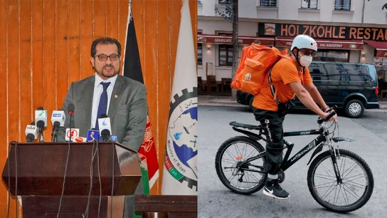 Sayed Ahmad Shah Sadaat es un exministro afgano que trabaja ahora en Alemania como rider. Sayed Ahmad Shah Sadaat es un exministro afgano que trabaja ahora en Alemania como rider.