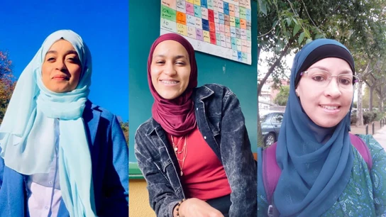 De izquierda a derecha: Hind Mounjid, Khaoula El Kamouni Chebli y Carolina Saidi Rodríguez, tres maestras españolas en la educación pública que visten hiyab. De izquierda a derecha: Hind Mounjid, Khaoula El Kamouni Chebli y Carolina Saidi Rodríguez, tres maestras españolas en la educación pública que visten hiyab.