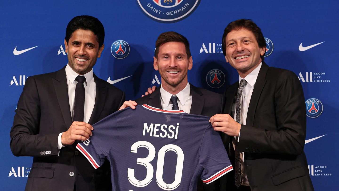 Al Khelaïfi, Leo Messi y Leonardo Al Khelaïfi, Leo Messi y Leonardo