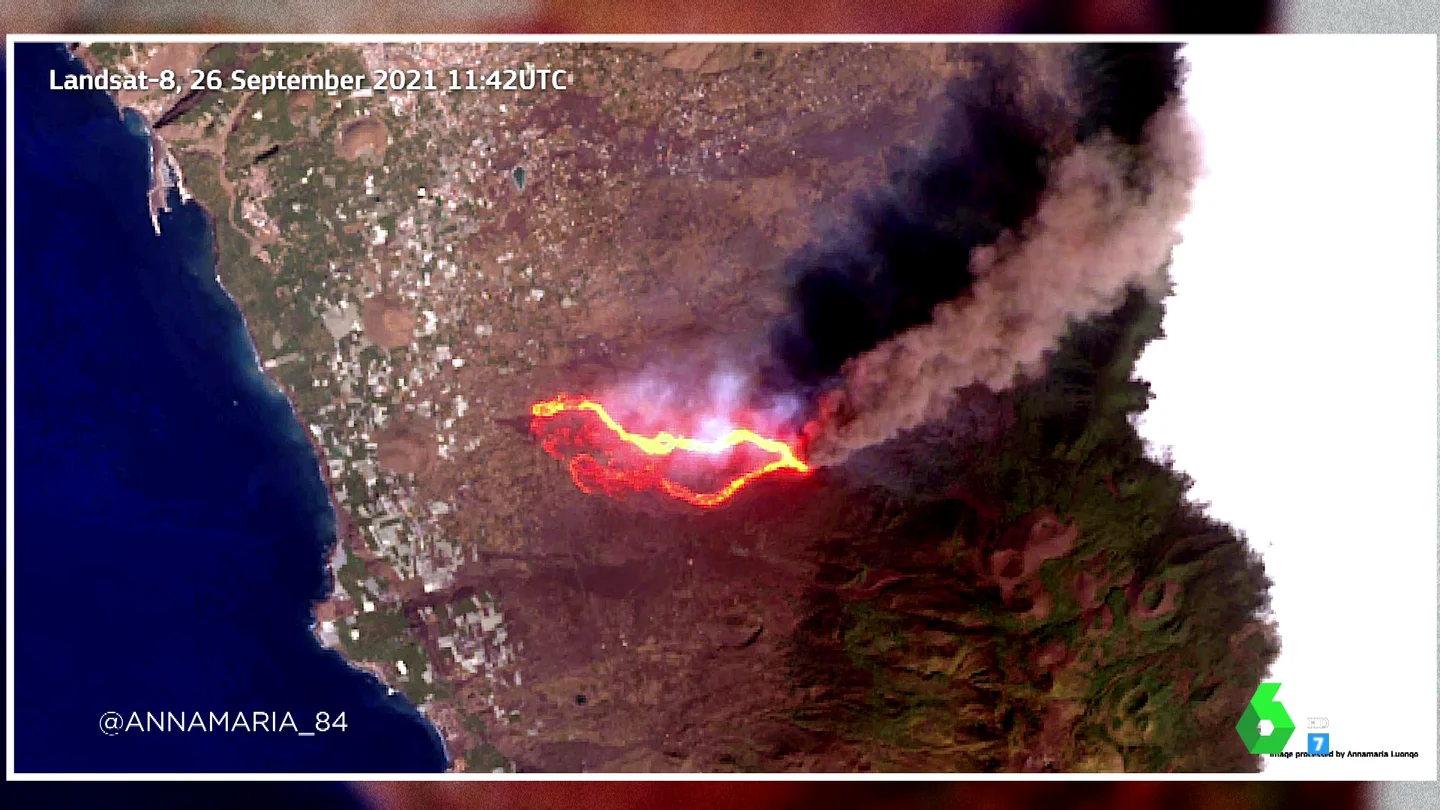 Las primeras imágenes de satélite del volcán de La Palma: así es la extensión de las lenguas de fuego que buscan el mar Las primeras imágenes de satélite del volcán de La Palma: así es la extensión de las lenguas de fuego que buscan el mar