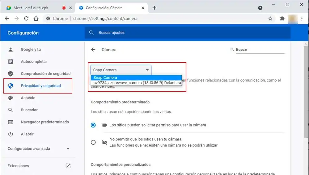 Seleccionando la cámara que queremos usar Seleccionando la cámara que queremos usar