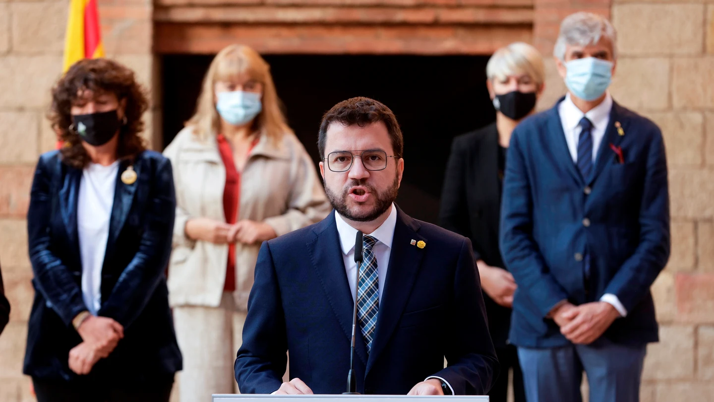 El president de la Generalitat, Pere Aragonès, durante el acto que el Govern ha realizado para conmemorar el cuarto aniversario del 1-O El president de la Generalitat, Pere Aragonès, durante el acto que el Govern ha realizado para conmemorar el cuarto aniversario del 1-O