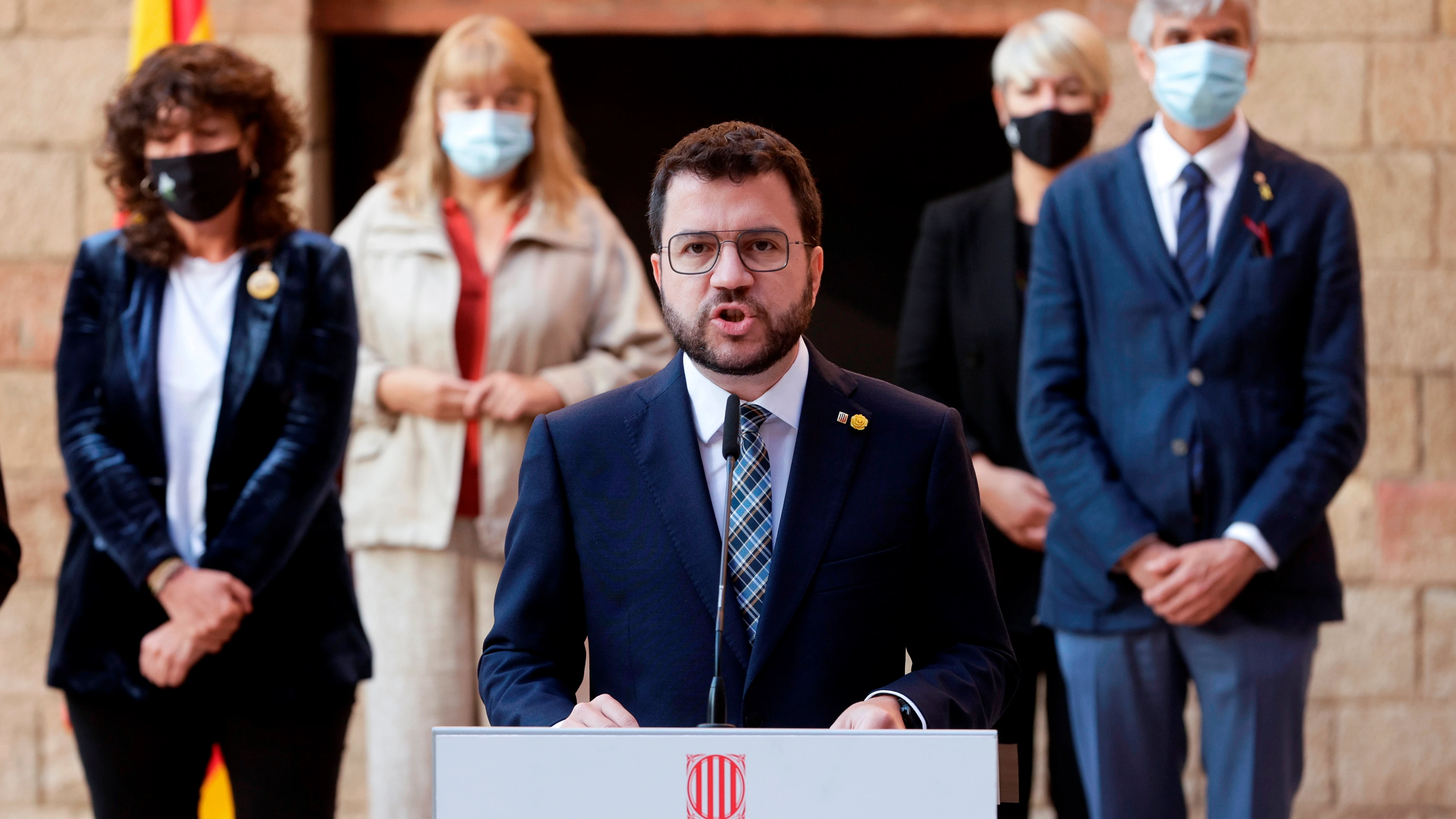 El president de la Generalitat, Pere Aragonès, durante el acto que el Govern ha realizado para conmemorar el cuarto aniversario del 1-O