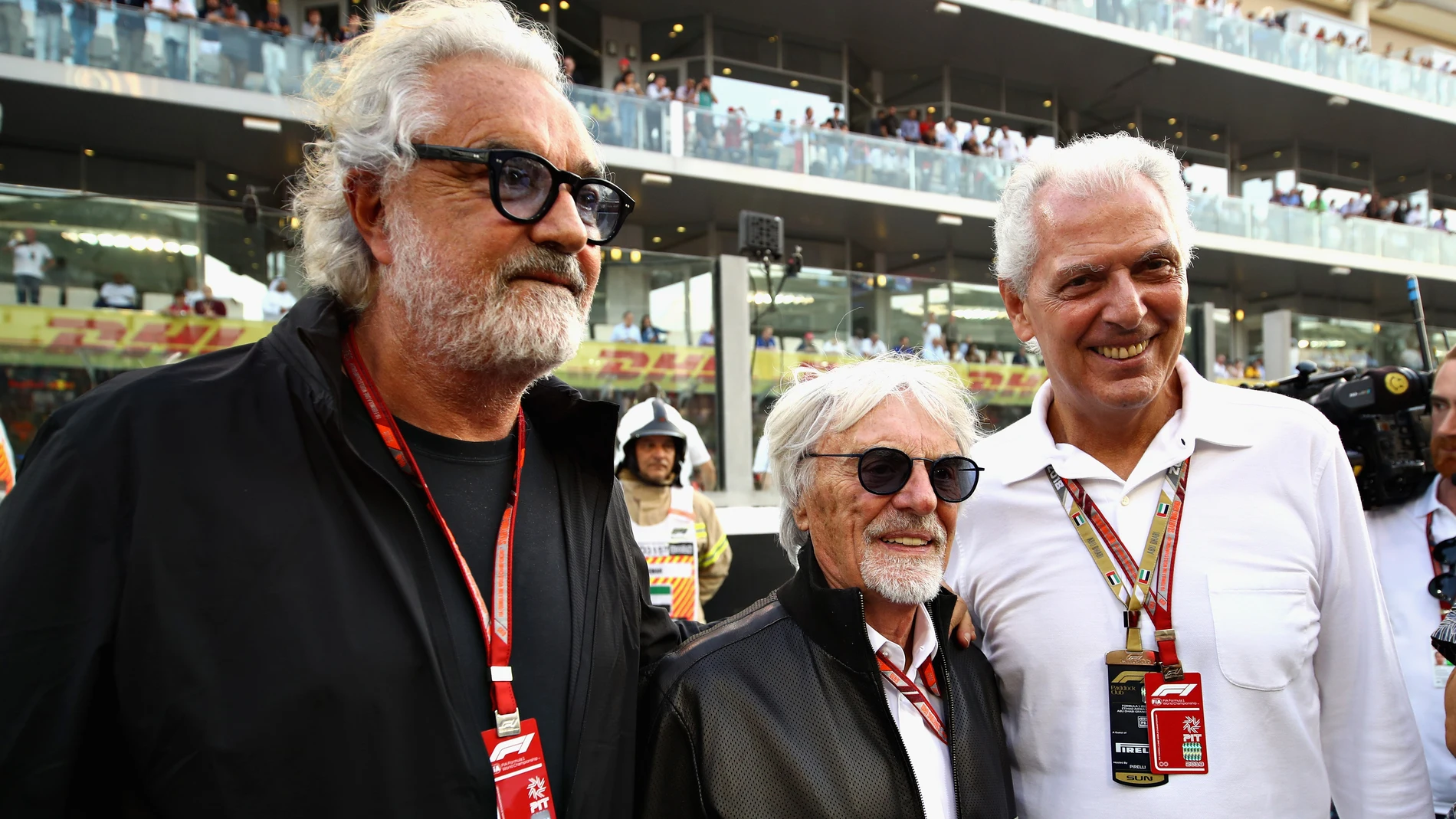 Flavio Briatore, Bernie Ecclestone y Marco Tronchetti Provera en Abu Dhabi en 2018