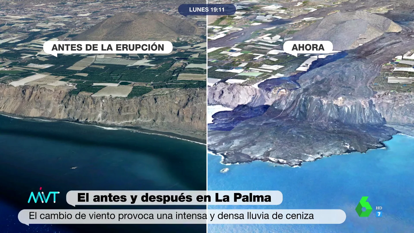 La destrucción del volcán de La Palma tras un mes de erupción: así es el antes y el después La destrucción del volcán de La Palma tras un mes de erupción: así es el antes y el después