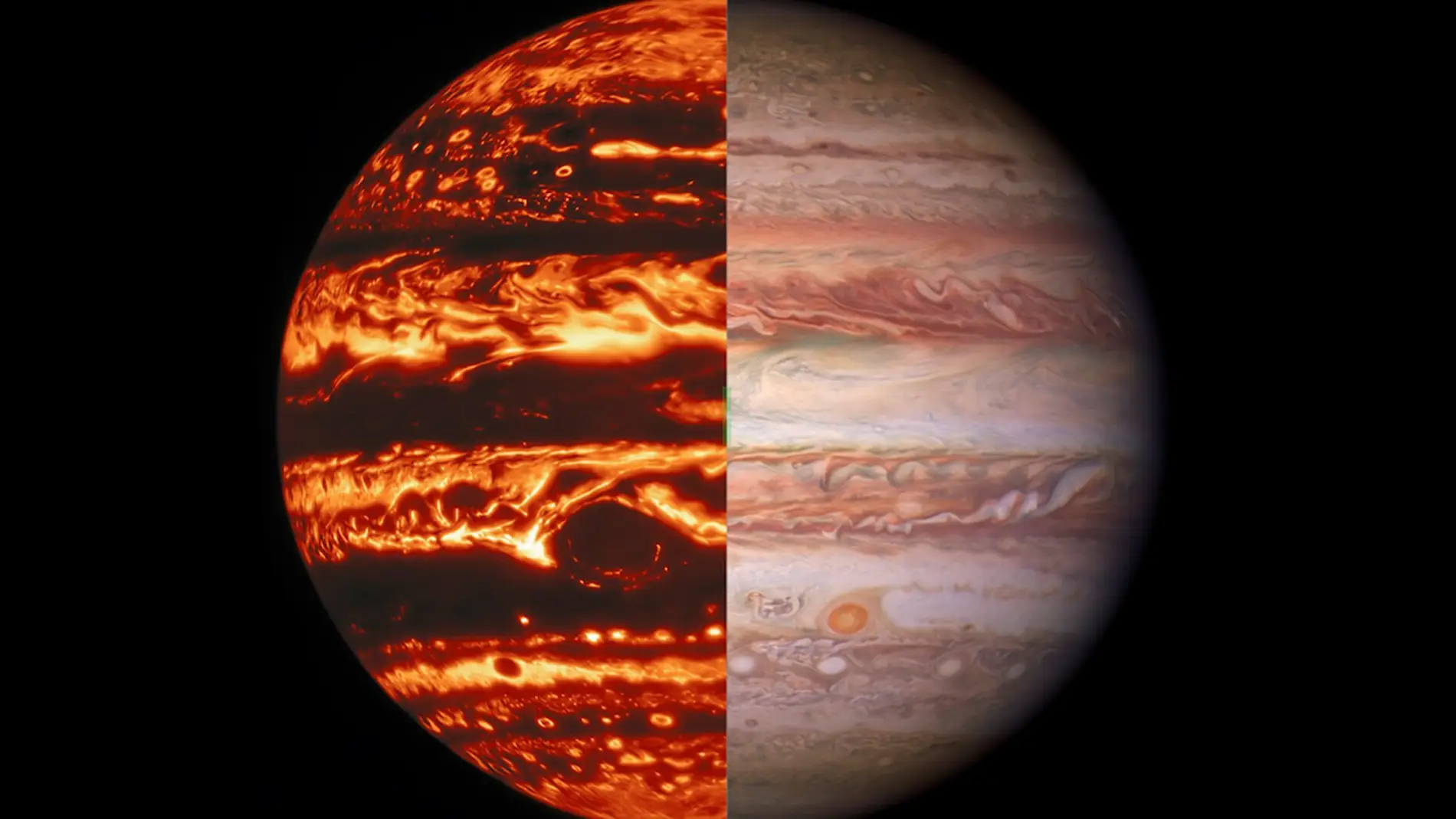 Imagen compuesta de Júpiter en luz infrarroja y visible