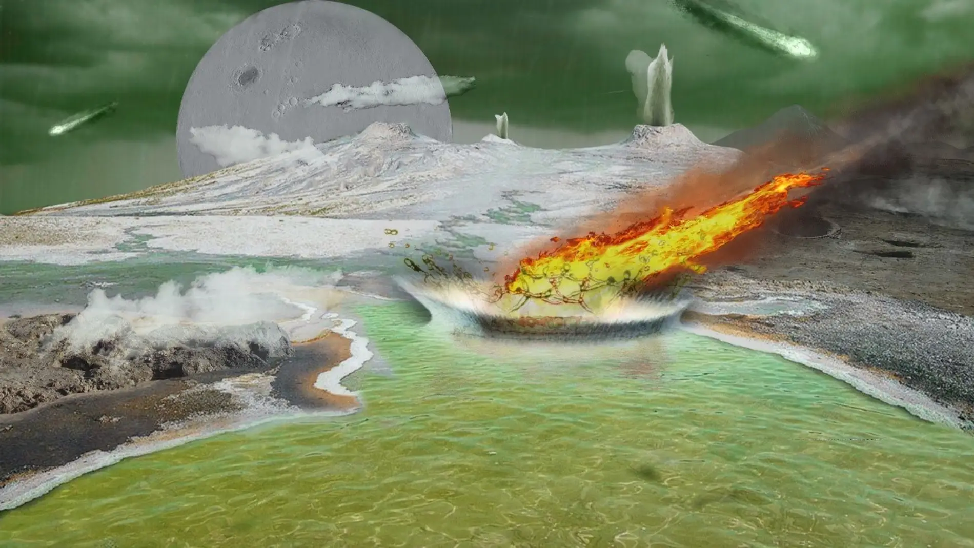 Recreación de la Tierra primitiva. En la imagen se observa como un meteorito impacta contra el océano primitivo