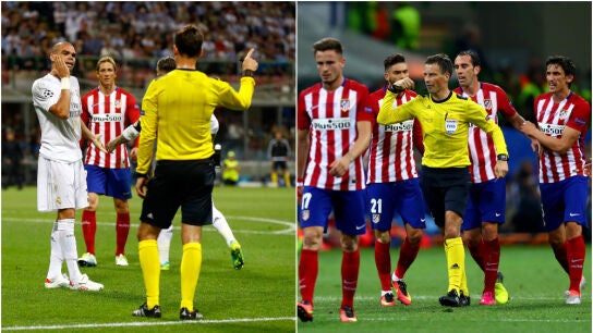 Jugadores de Real Madrid y Atl&eacute;tico reclaman a Clattenburg en la final de Mil&aacute;n