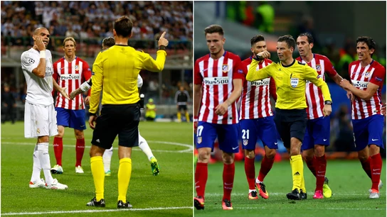Jugadores de Real Madrid y Atlético reclaman a Clattenburg en la final de Milán Jugadores de Real Madrid y Atlético reclaman a Clattenburg en la final de Milán