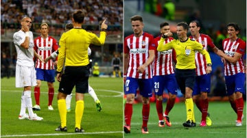 Jugadores de Real Madrid y Atlético reclaman a Clattenburg en la final de Milán