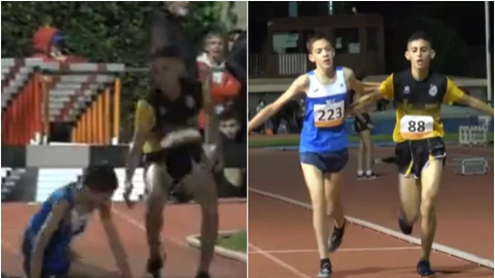 La lección de un joven atleta: ayuda a un rival que se cayó a cruzar la meta La lección de un joven atleta: ayuda a un rival que se cayó a cruzar la meta