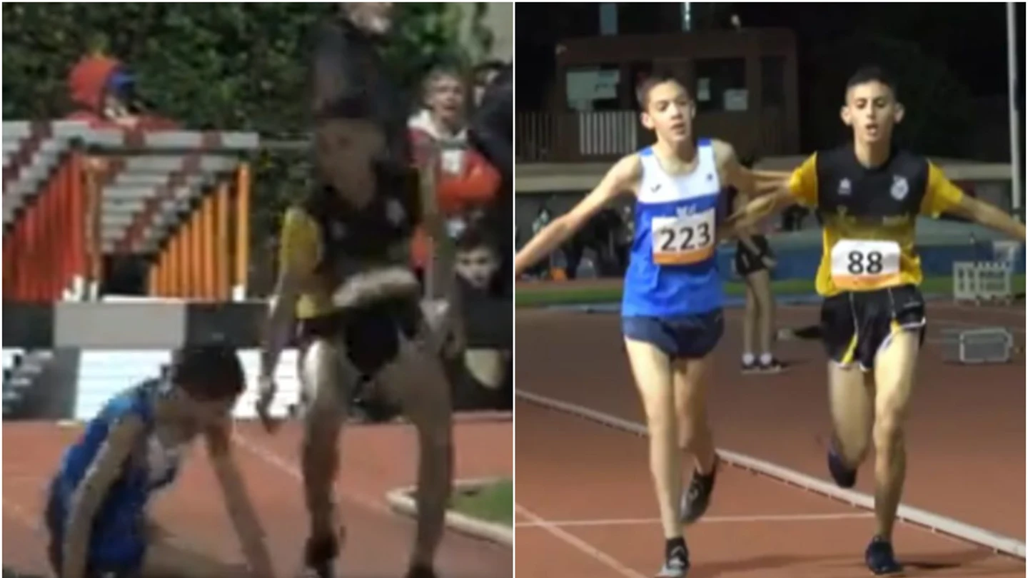 La lección de un joven atleta: ayuda a un rival que se cayó a cruzar la meta La lección de un joven atleta: ayuda a un rival que se cayó a cruzar la meta