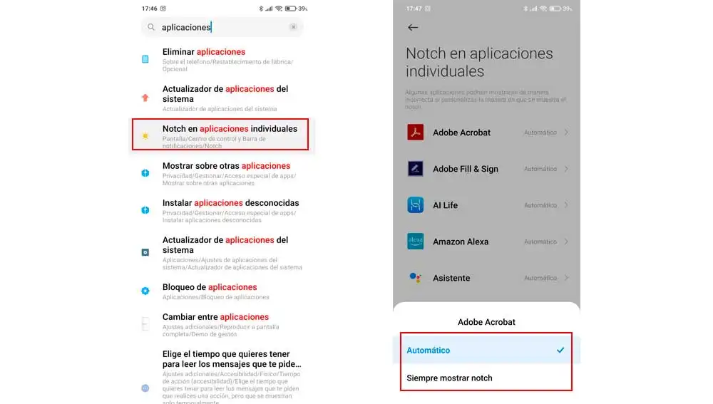 Muestra siempre el notch Muestra siempre el notch