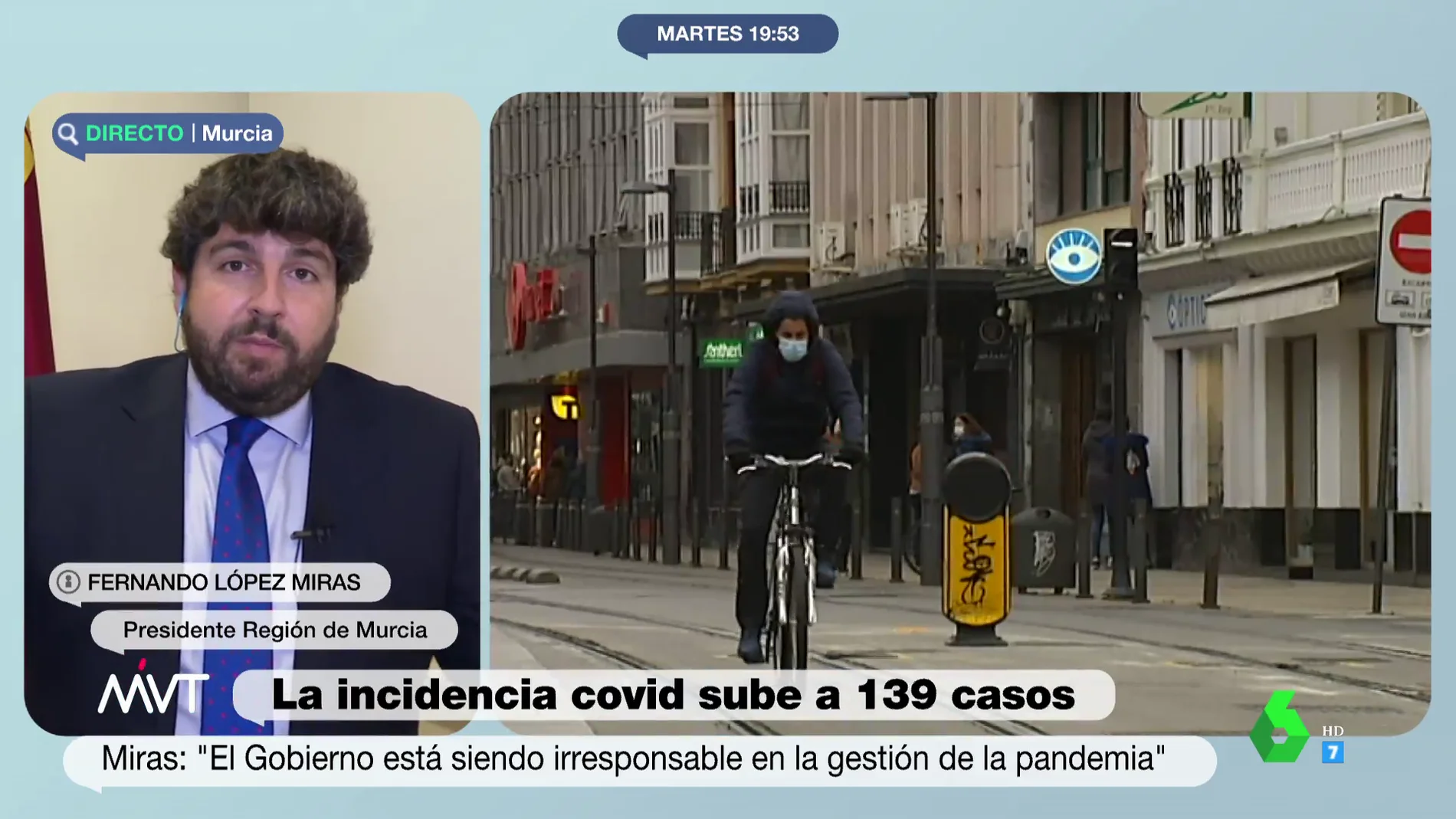 López Miras critica la acción del Gobierno al no incluir medidas en el semáforo COVID: "Está siendo irresponsable"