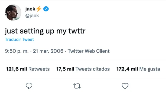 El primer tuit de la historia, de Jack Dorsey. El primer tuit de la historia, de Jack Dorsey.