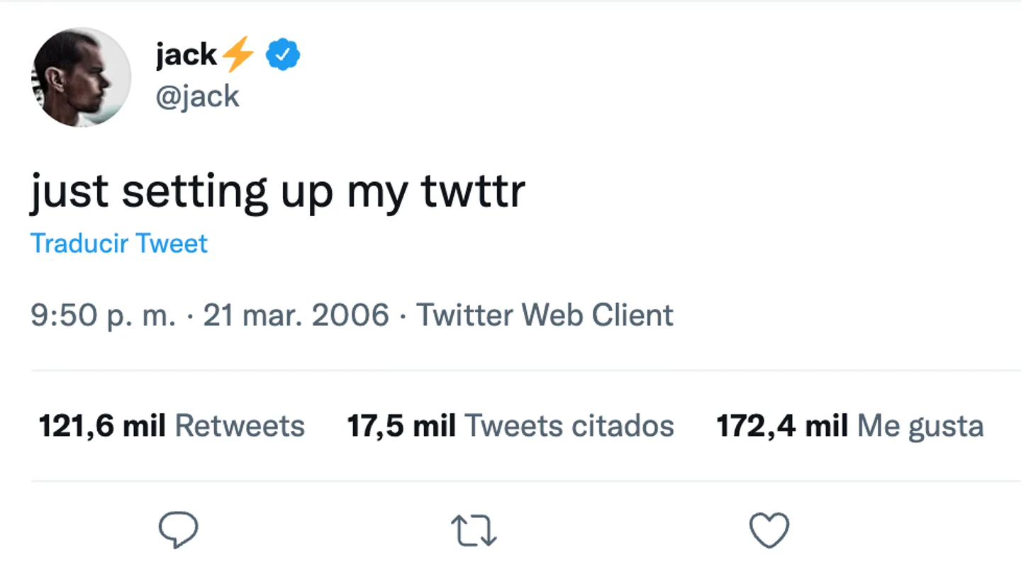 El primer tuit de la historia, de Jack Dorsey. El primer tuit de la historia, de Jack Dorsey.