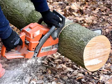 Imagen de archivo de una persona cortando un tronco con una motosierra