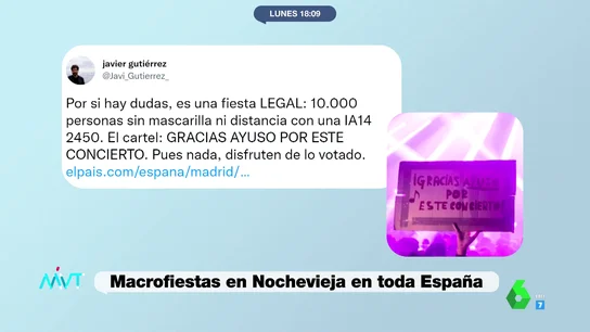 "Gracias, Ayuso, por este concierto": el cartel en una macrofiesta de Nochevieja en Madrid "Gracias, Ayuso, por este concierto": el cartel en una macrofiesta de Nochevieja en Madrid