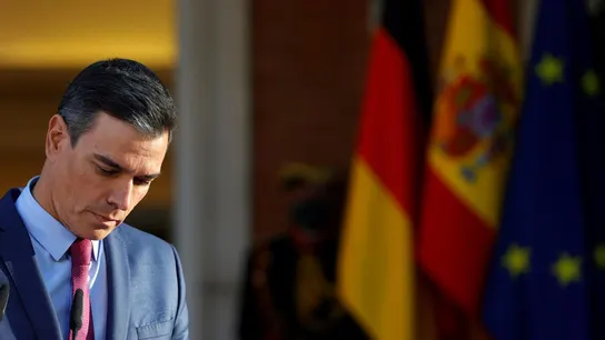 El presidente del Gobierno, Pedro Sánchez, durante la rueda de prensa junto al canciller alemán, Olaf Scholz. El presidente del Gobierno, Pedro Sánchez, durante la rueda de prensa junto al canciller alemán, Olaf Scholz.