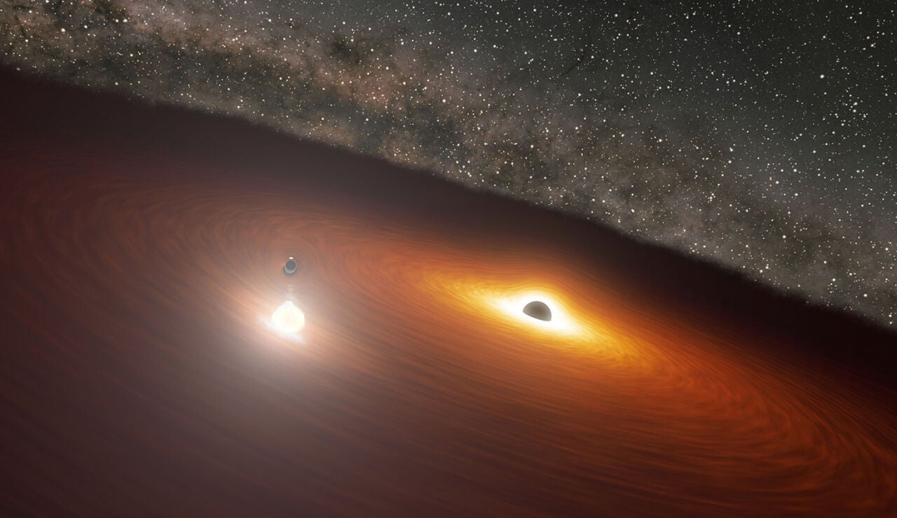 Concepción artística del sistema binario de agujeros negros en la galaxia OJ 287. 
