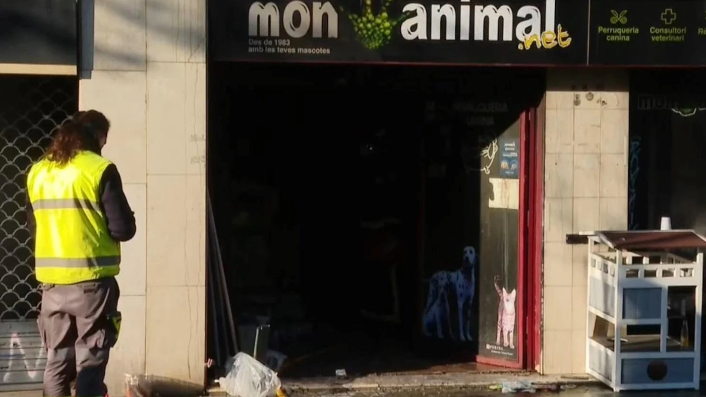 Imagen de la tienda de animales incendiada en Barcelona