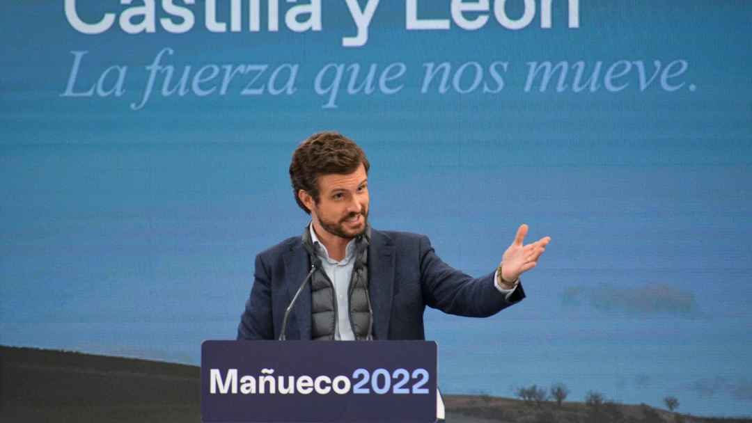 El presidente de PP, Pablo Casado participa este domingo en Palencia en un mitin 