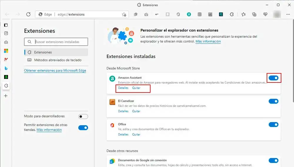 Gestionado Extensiones en Microsoft Edge