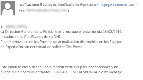 El mensaje que env&iacute;a la Direcci&oacute;n General de la Polic&iacute;a para renovar los certificados