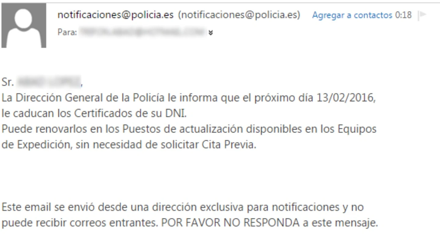 El mensaje que envía la Dirección General de la Policía para renovar los certificados El mensaje que envía la Dirección General de la Policía para renovar los certificados