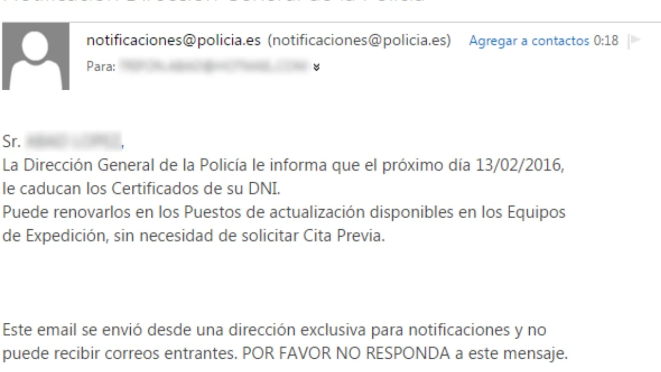 El mensaje que envía la Dirección General de la Policía para renovar los certificados