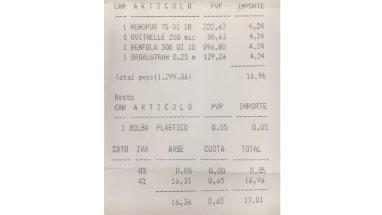 Ticket de farmacia con descuento de la Seguridad Social