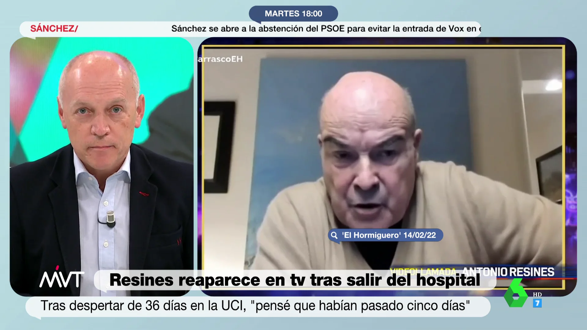 Tras salir del hospital después de un largo ingreso y de permanecer más de un mes en la UCI, Antonio Resines reaparecía este lunes en 'El Hormiguero', donde revindicó la sanidad pública en España, afirmando que hay que apoyarla "como sea". Unas palabras que el periodista Luis Sanabria ha suscrito este martes en Más Vale Tarde, tras estar ingresado él mismo recientemente. "Yo estuve la semana pasada ingresado en un hospital público de la Comunidad de Madrid y por tanto, como él, hago también un subrayado destacado de la sanidad pública en España", ha afirmado. Puedes ver el momento en el vídeo que ilustra estas líneas.