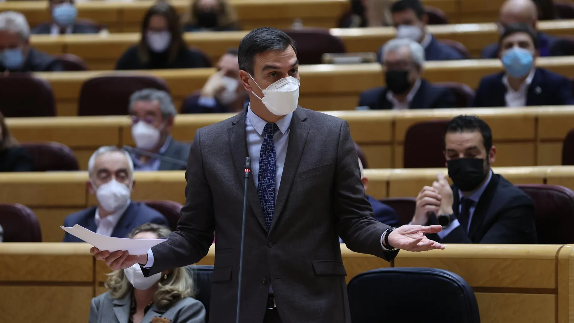 El presidente del Gobierno, Pedro Sánchez, interviene en la sesión de control celebrada por el pleno del Senado