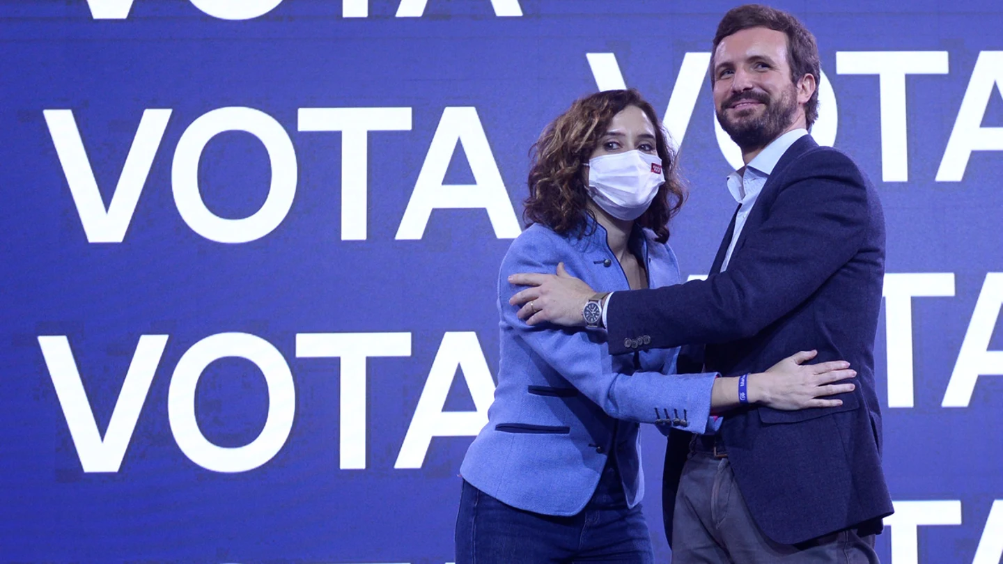 El presidente del PP, Pablo Casado junto a la presidenta de la Comunidad de Madrid, Isabel Díaz Ayuso. El presidente del PP, Pablo Casado junto a la presidenta de la Comunidad de Madrid, Isabel Díaz Ayuso.